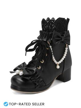 LUXMAX Lolita Boots Chunky Mid Heel Lace Up Ankle Boots with Bow Kawaii Shoes